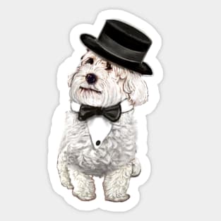 cavalier king charles spaniel fancy dress 2022 best gifts for dog lovers,  white Cavapoo Cavoodle in formal wear bow tie and top hat Sticker